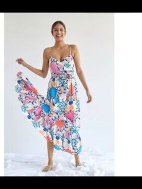 Anthropologie Floral Maxi Dress in White with Pink, Blue, Orange Accents